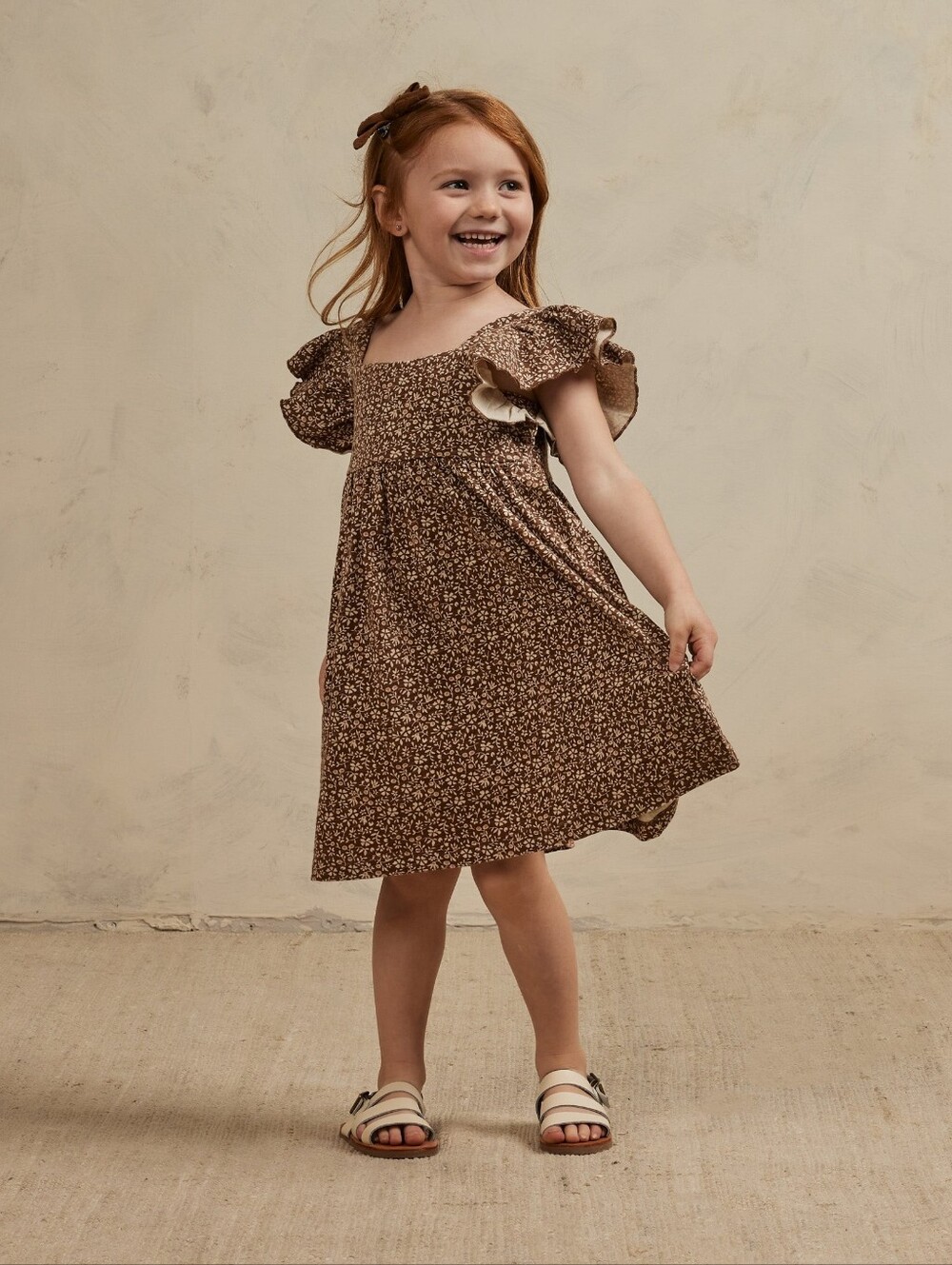 Rylee + Cru Flutter Ruffle Sleeve Boho Floral Dress Cocoa Brown 2-3Y